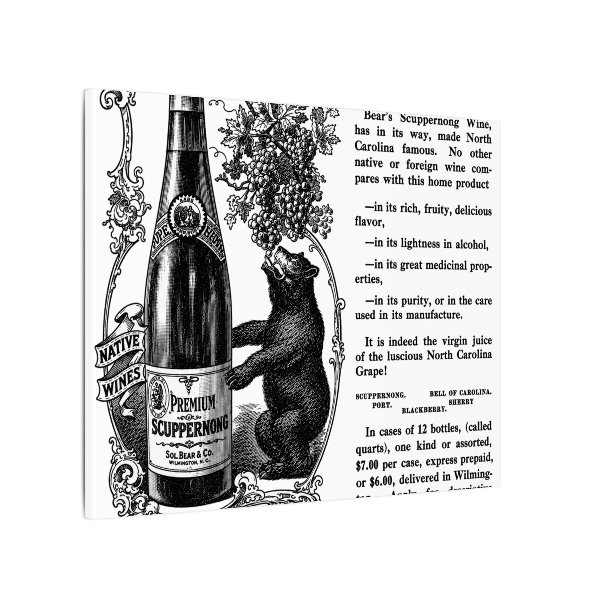 Sol Bear & Co. Scuppernong Wine — Vintage NC Newspaper Ad Canvas Print
