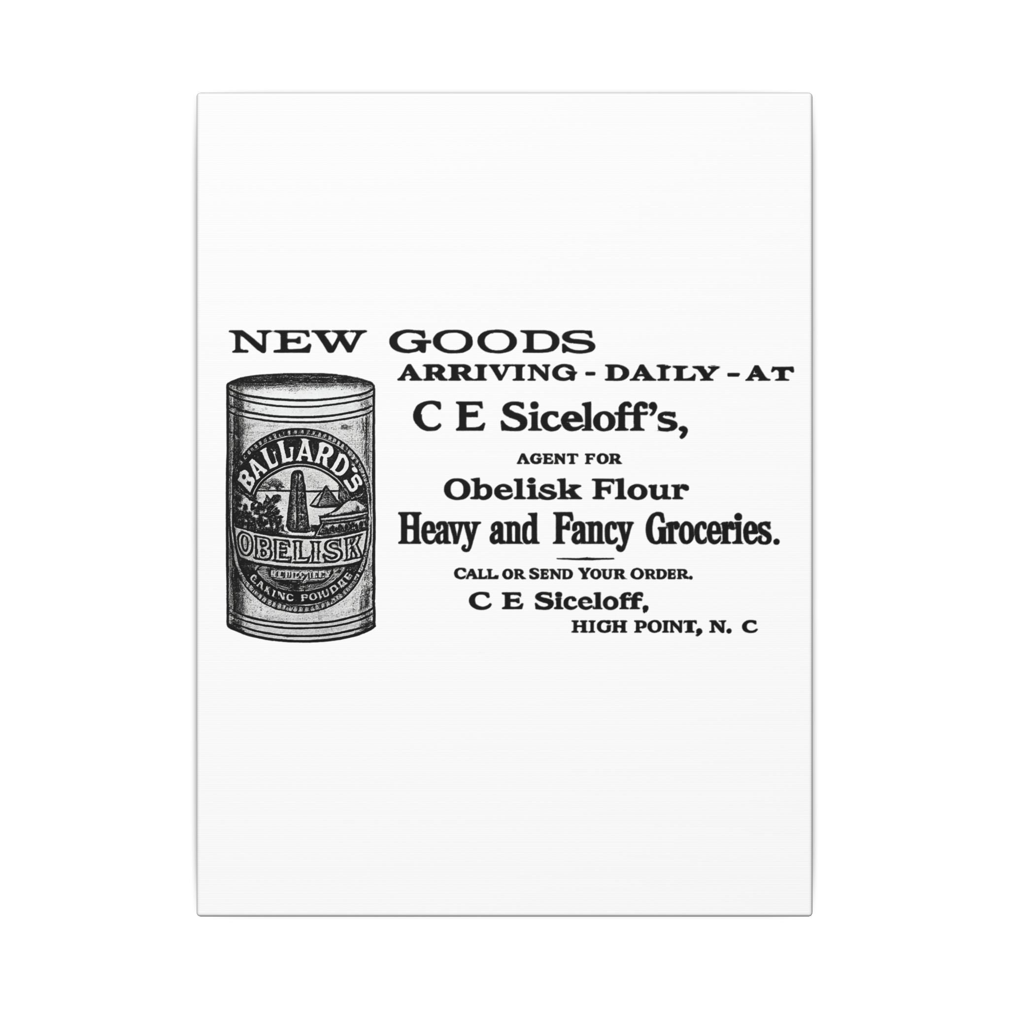 Obelisk Flour — Vintage NC Newspaper Ad Canvas Print