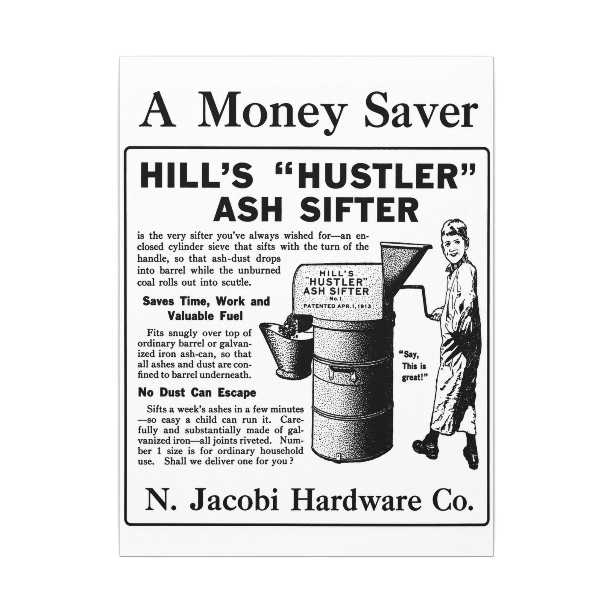 N. Jacobi Hardware - Hill's Ash Sifter — Vintage NC Newspaper Ad Canvas Print