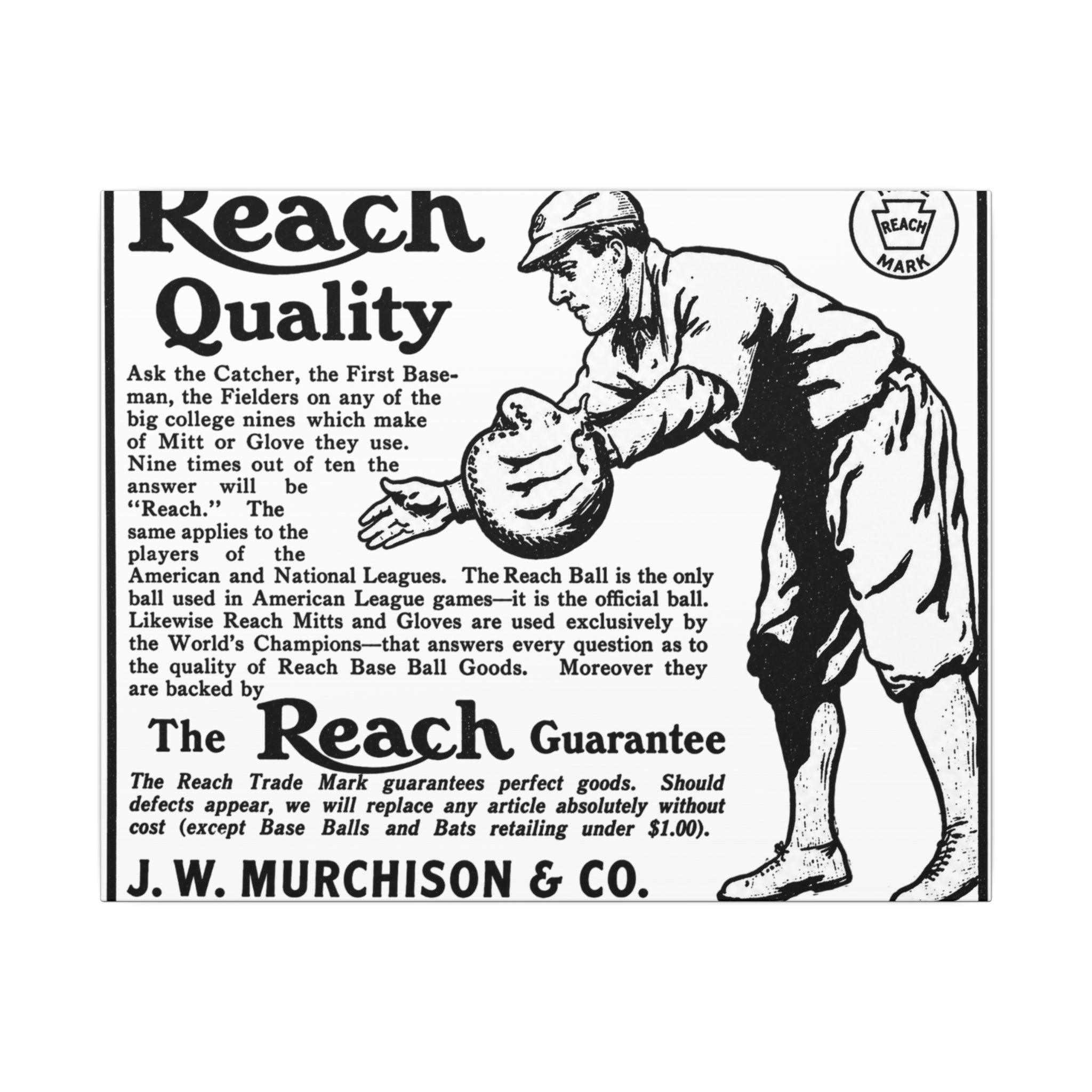 Reach Baseball Equipment — Vintage NC Newspaper Ad Canvas Print
