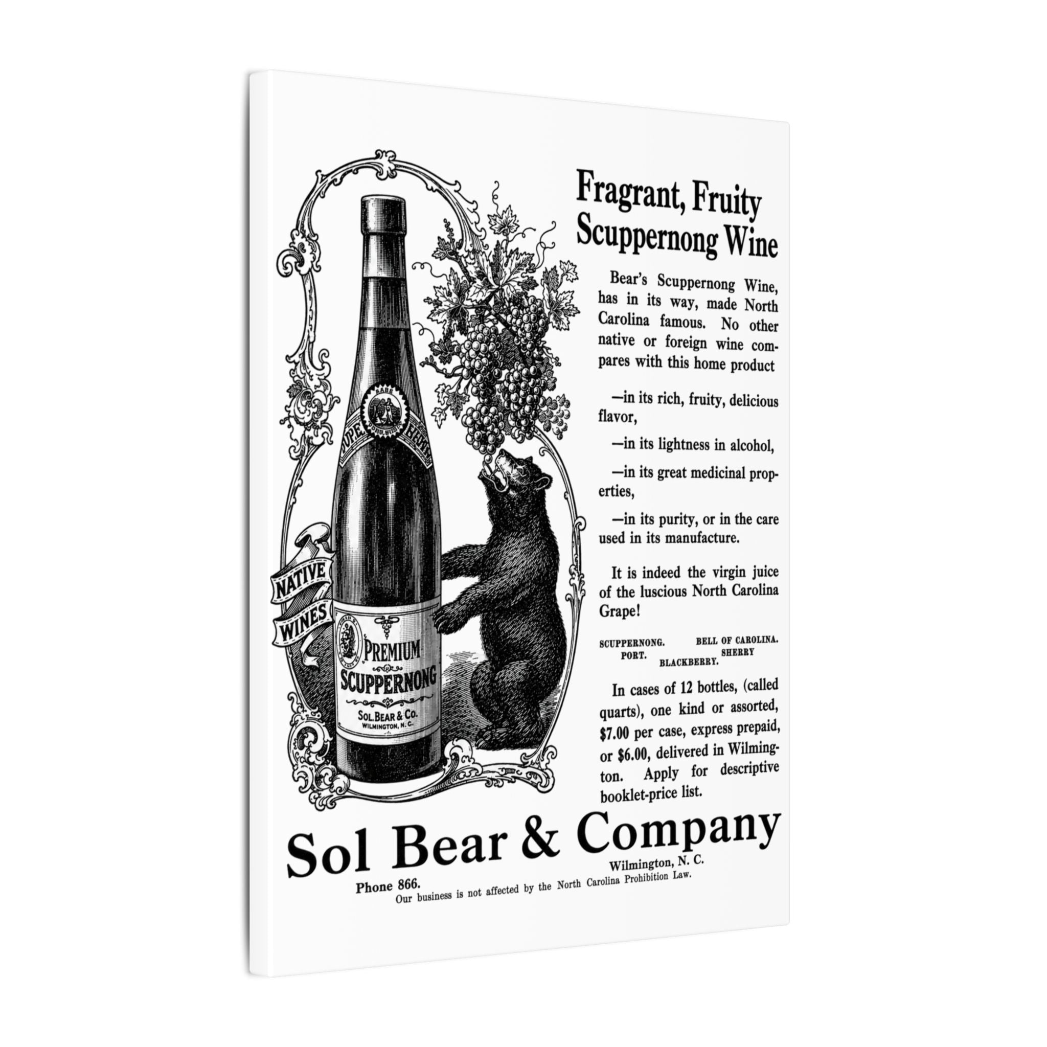 Sol Bear & Co. Scuppernong Wine — Vintage NC Newspaper Ad Canvas Print