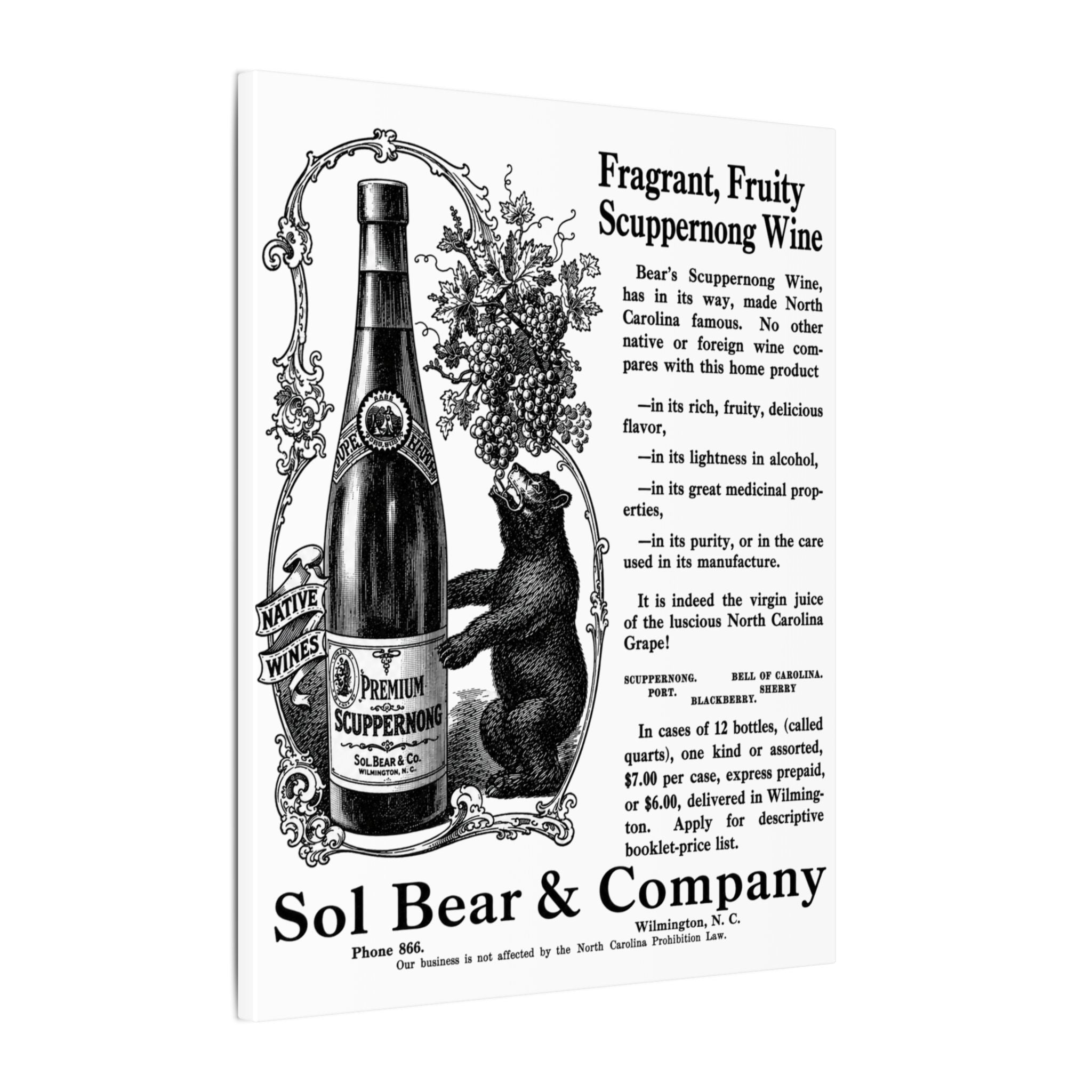 Sol Bear & Co. Scuppernong Wine — Vintage NC Newspaper Ad Canvas Print