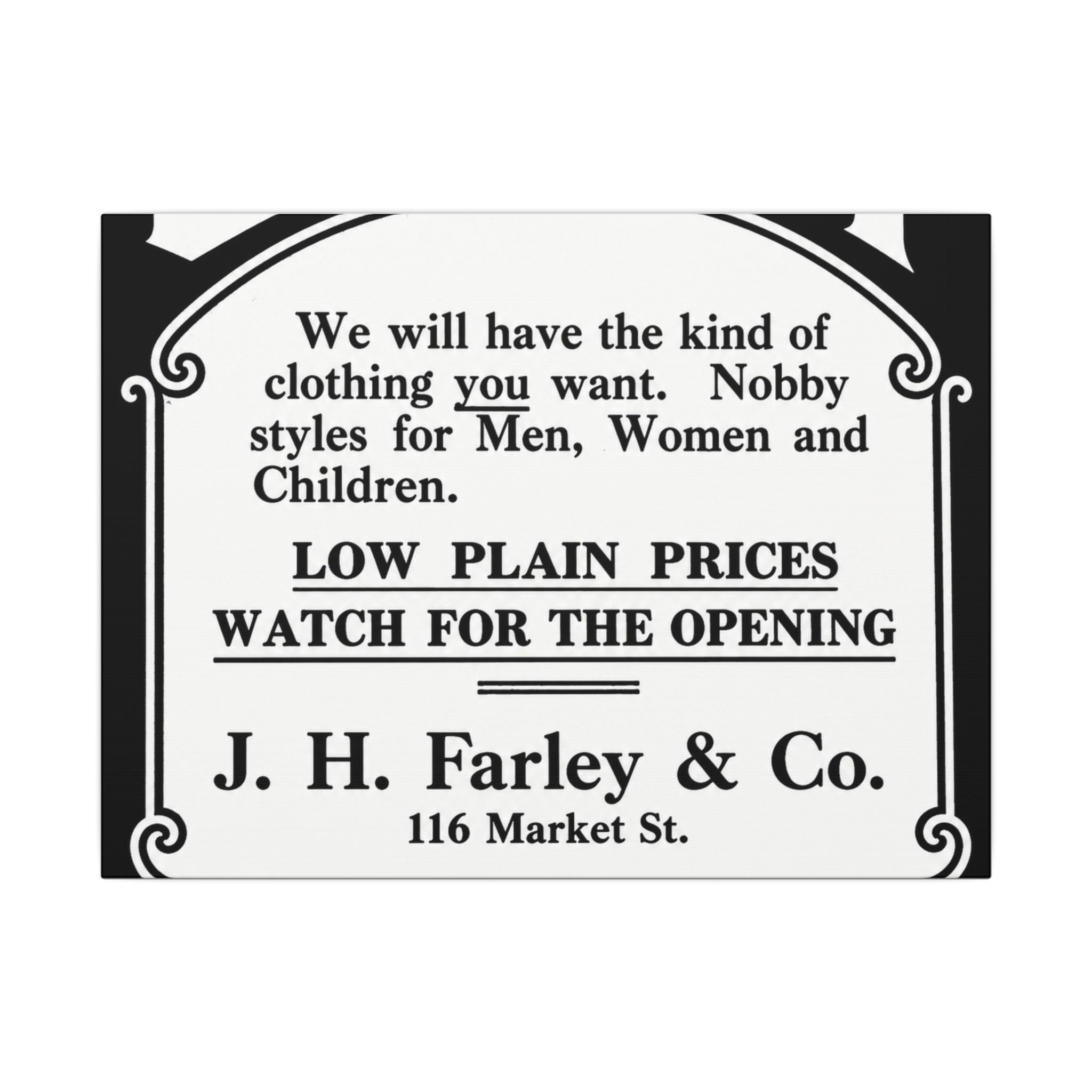 J.H. Farley & Co. — Vintage NC Newspaper Ad Canvas Print