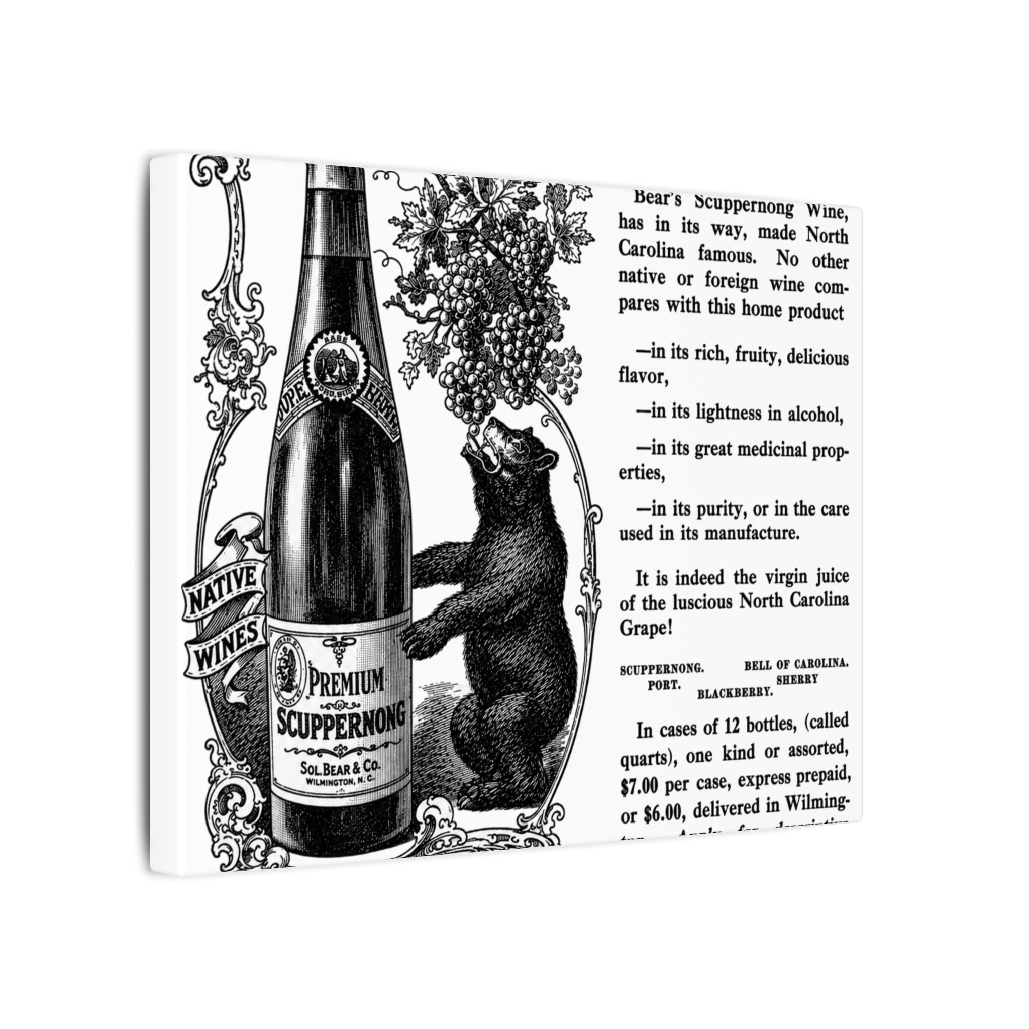 Sol Bear & Co. Scuppernong Wine — Vintage NC Newspaper Ad Canvas Print