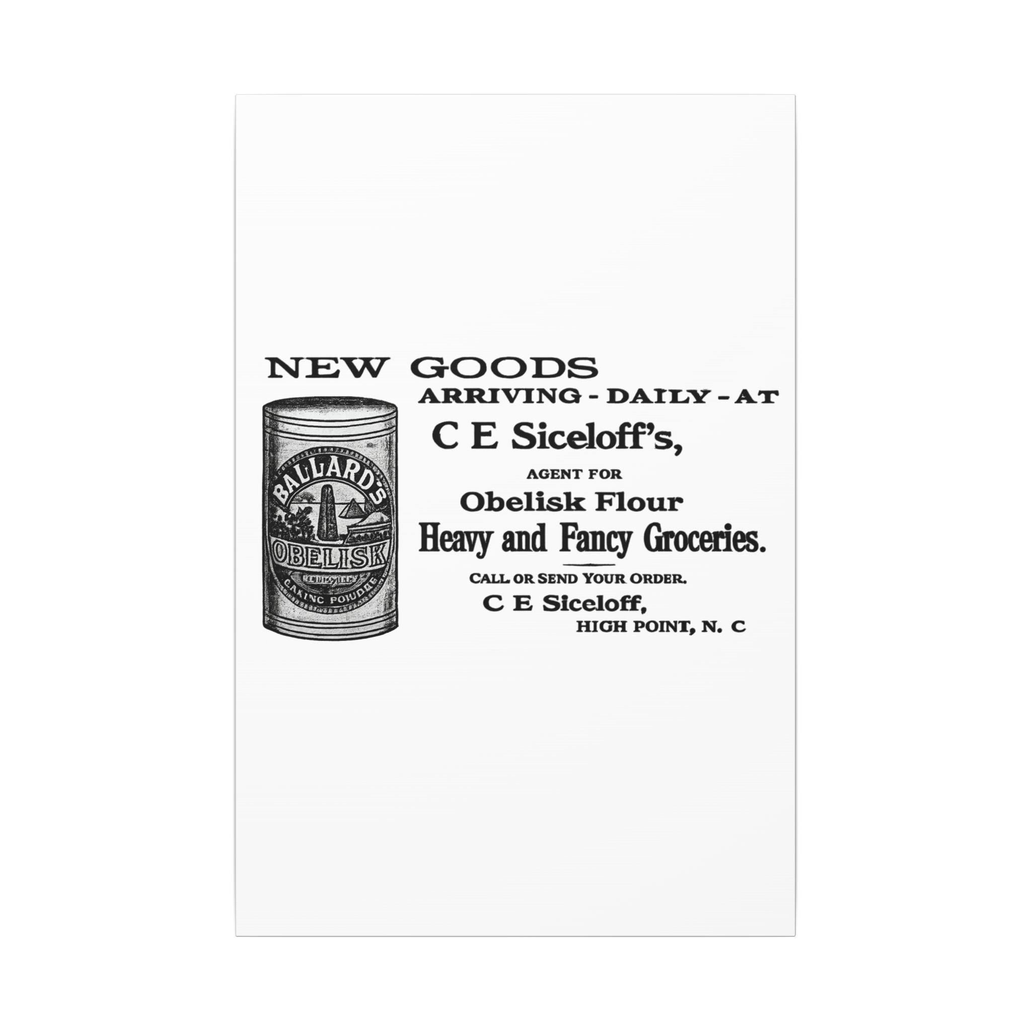 Obelisk Flour — Vintage NC Newspaper Ad Canvas Print