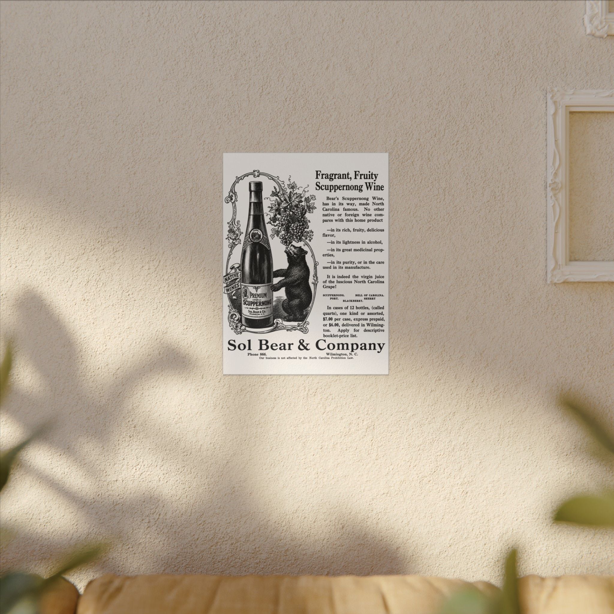 Sol Bear & Co. Scuppernong Wine — Vintage NC Newspaper Ad Canvas Print