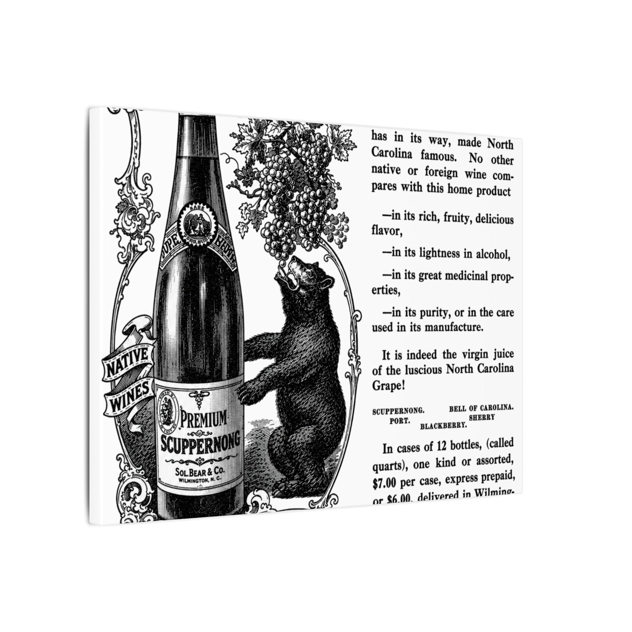 Sol Bear & Co. Scuppernong Wine — Vintage NC Newspaper Ad Canvas Print