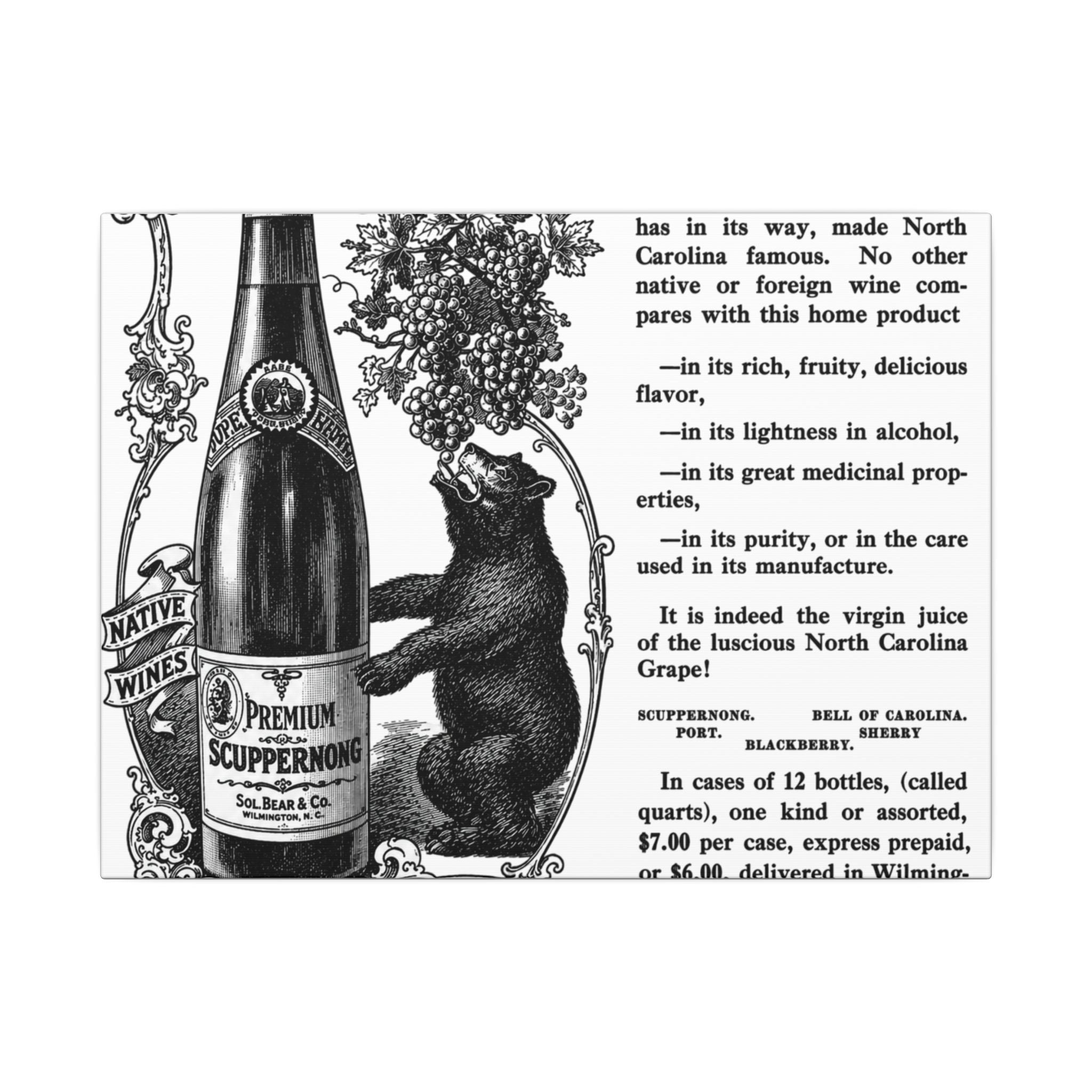 Sol Bear & Co. Scuppernong Wine — Vintage NC Newspaper Ad Canvas Print