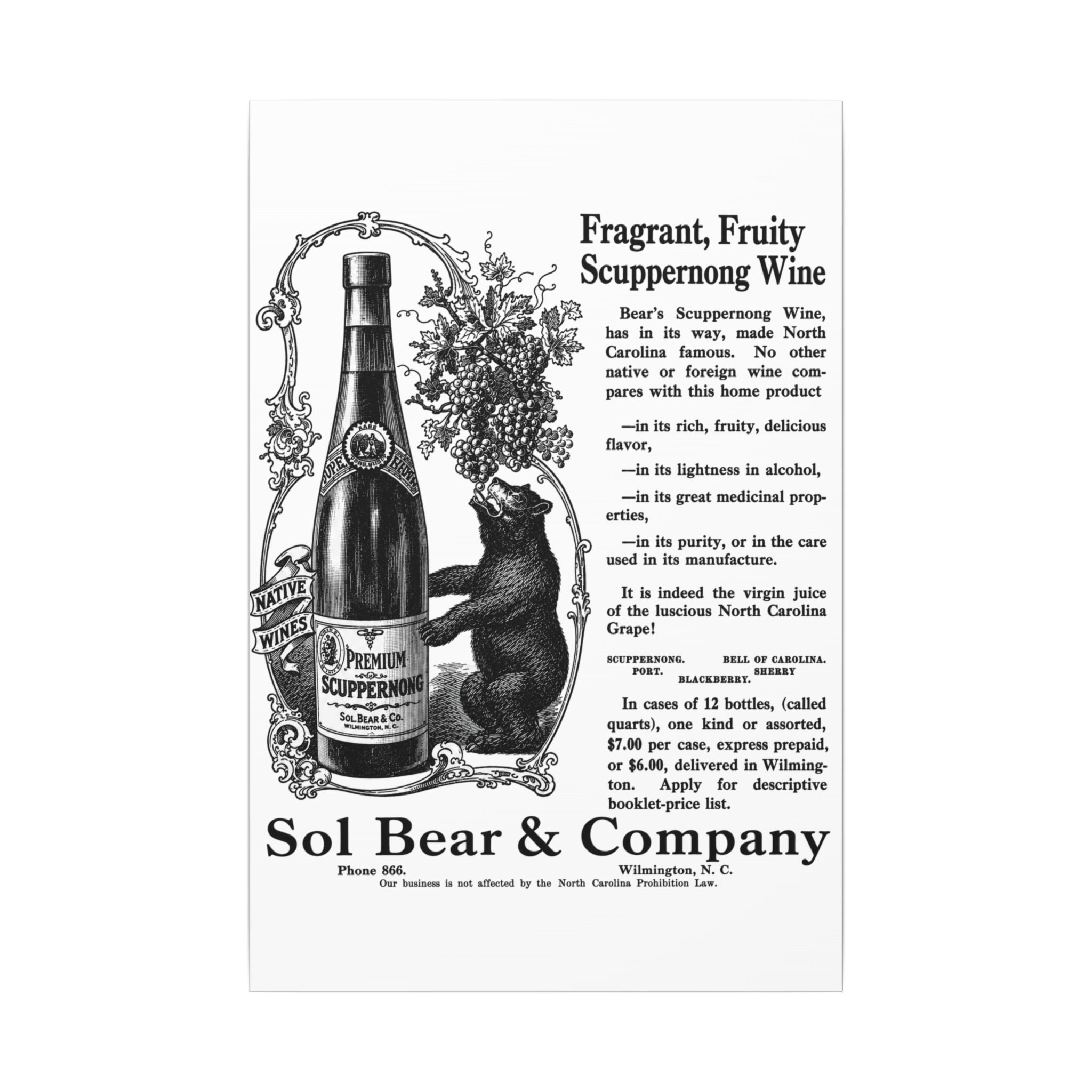 Sol Bear & Co. Scuppernong Wine — Vintage NC Newspaper Ad Canvas Print