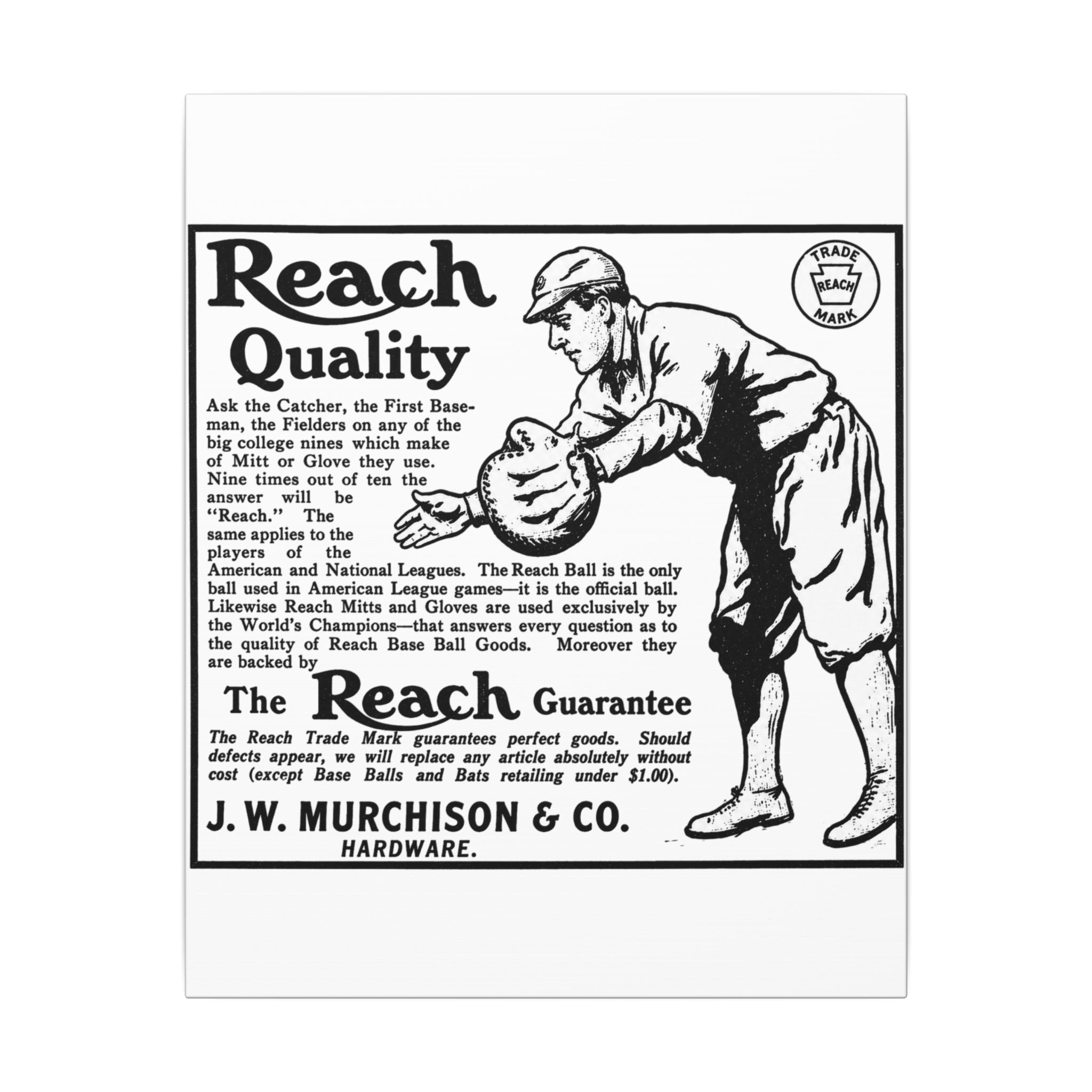 Reach Baseball Equipment — Vintage NC Newspaper Ad Canvas Print