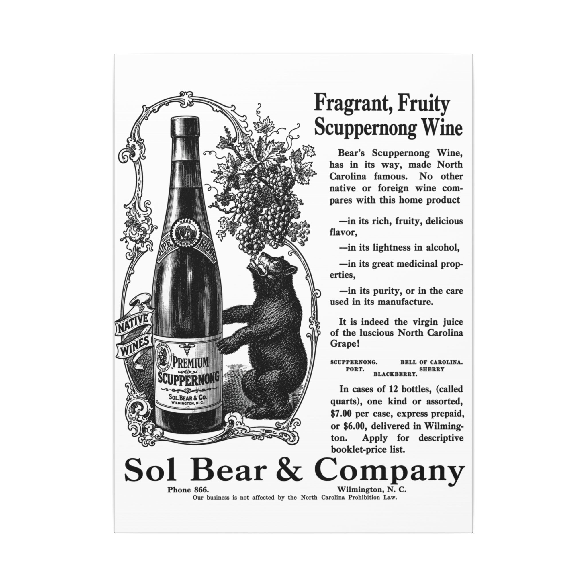 Sol Bear & Co. Scuppernong Wine — Vintage NC Newspaper Ad Canvas Print