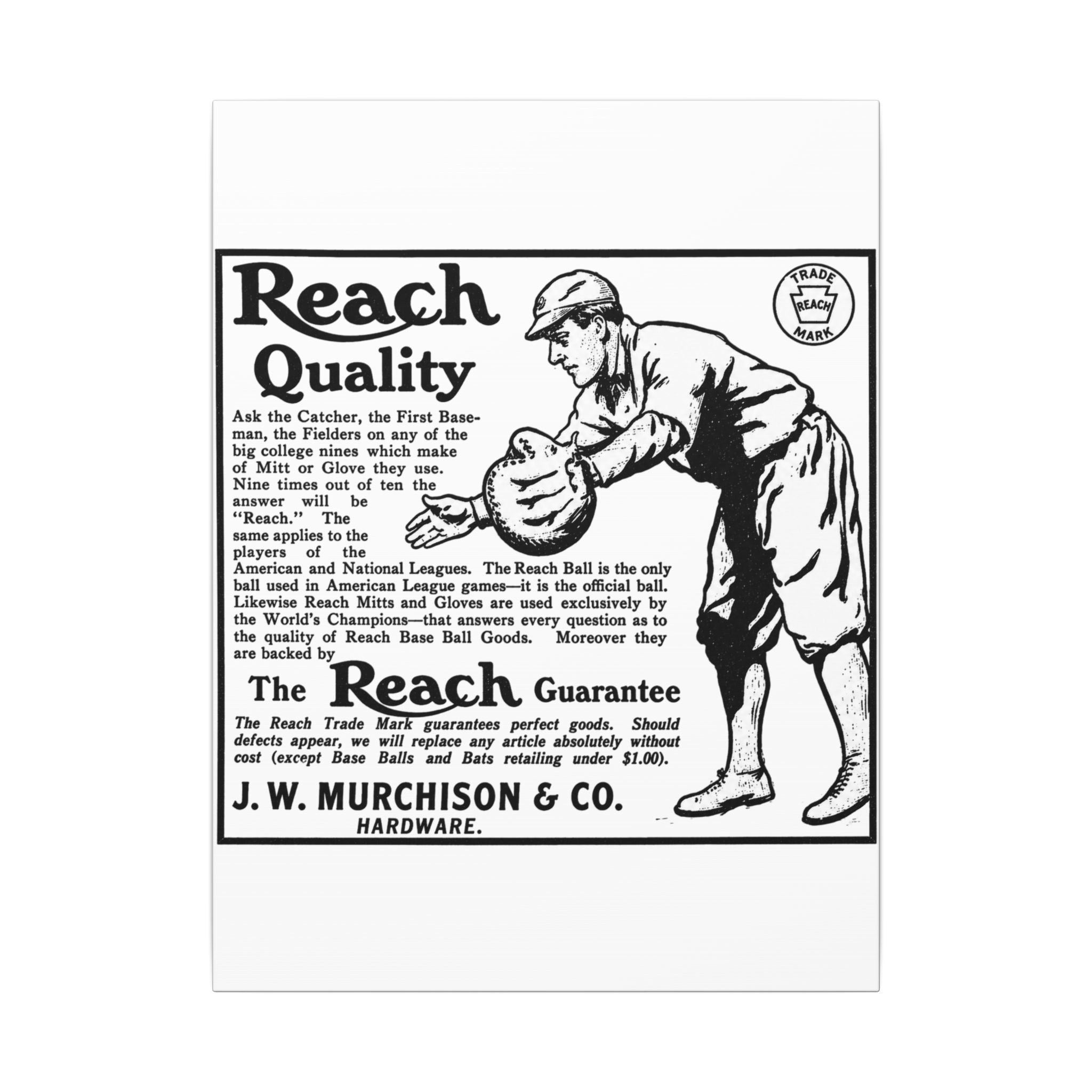 Reach Baseball Equipment — Vintage NC Newspaper Ad Canvas Print