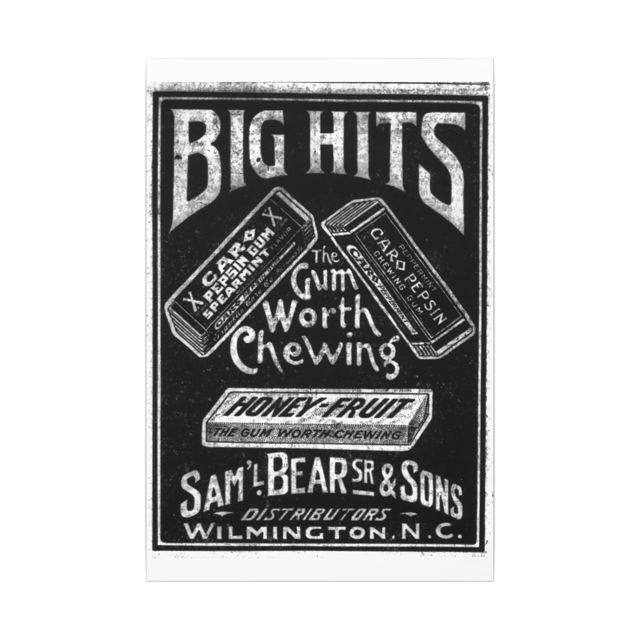 Saml Bear & Sons Big Hits Gum — Vintage NC Newspaper Ad Canvas Print