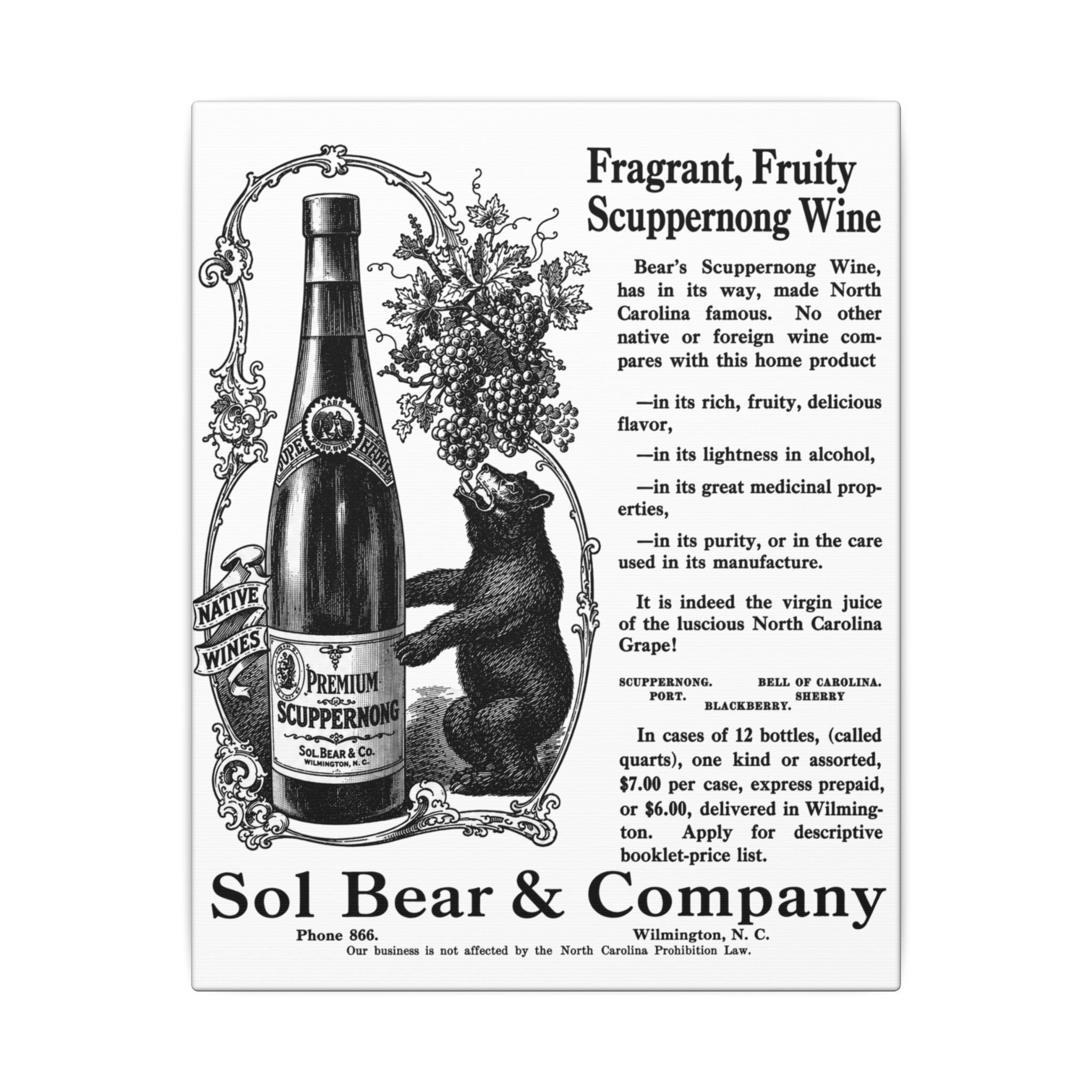 Sol Bear & Co. Scuppernong Wine — Vintage NC Newspaper Ad Canvas Print